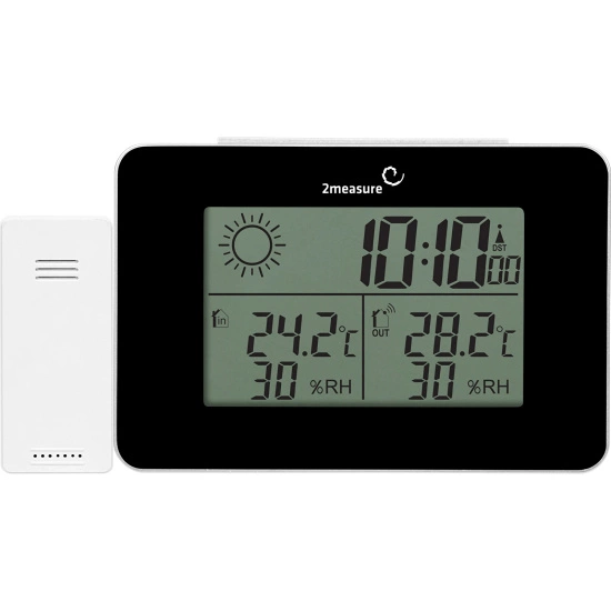 2measure Stacja pogodowa RCC – elektroniczna, bezprzewodowa, podświetlana z bezprzewodowym czujnikiem, czarna