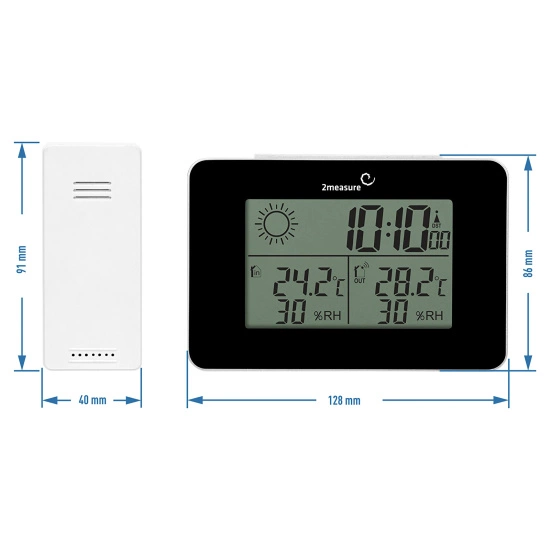 2measure Stacja pogodowa RCC – elektroniczna, bezprzewodowa, podświetlana z bezprzewodowym czujnikiem, czarna