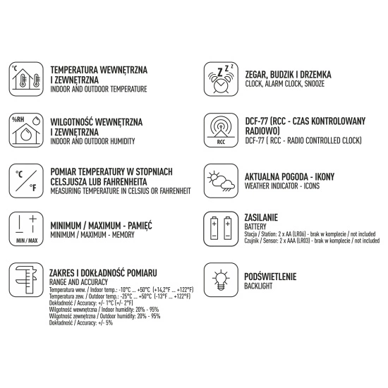 2measure Stacja pogodowa RCC – elektroniczna, bezprzewodowa, podświetlana z bezprzewodowym czujnikiem, czarna